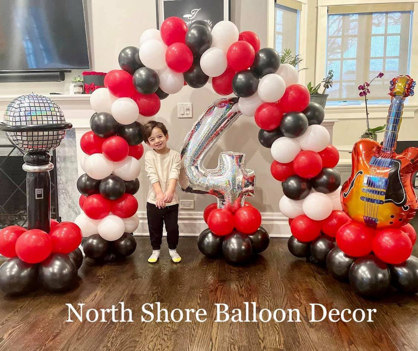 Musical 4th Birthday Classic Balloon Arch & Mini Columns with Electric Guitar