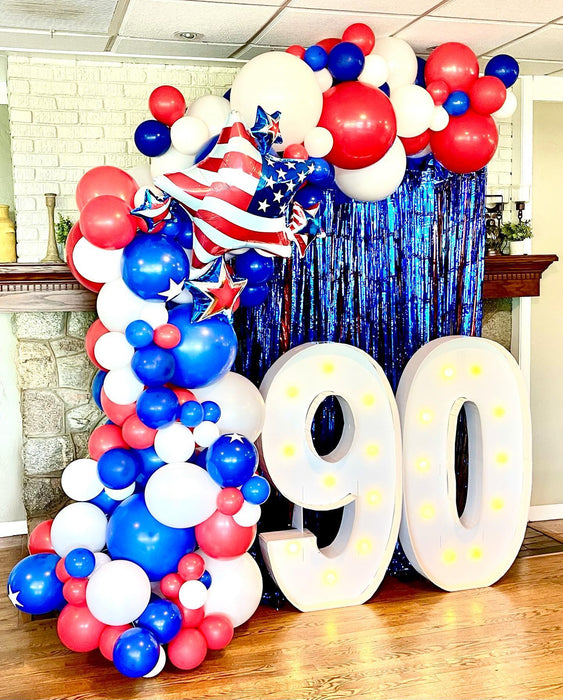 Mature Patriotic 90th Birthday Garland, LED Numbers & Fringe Backdrop