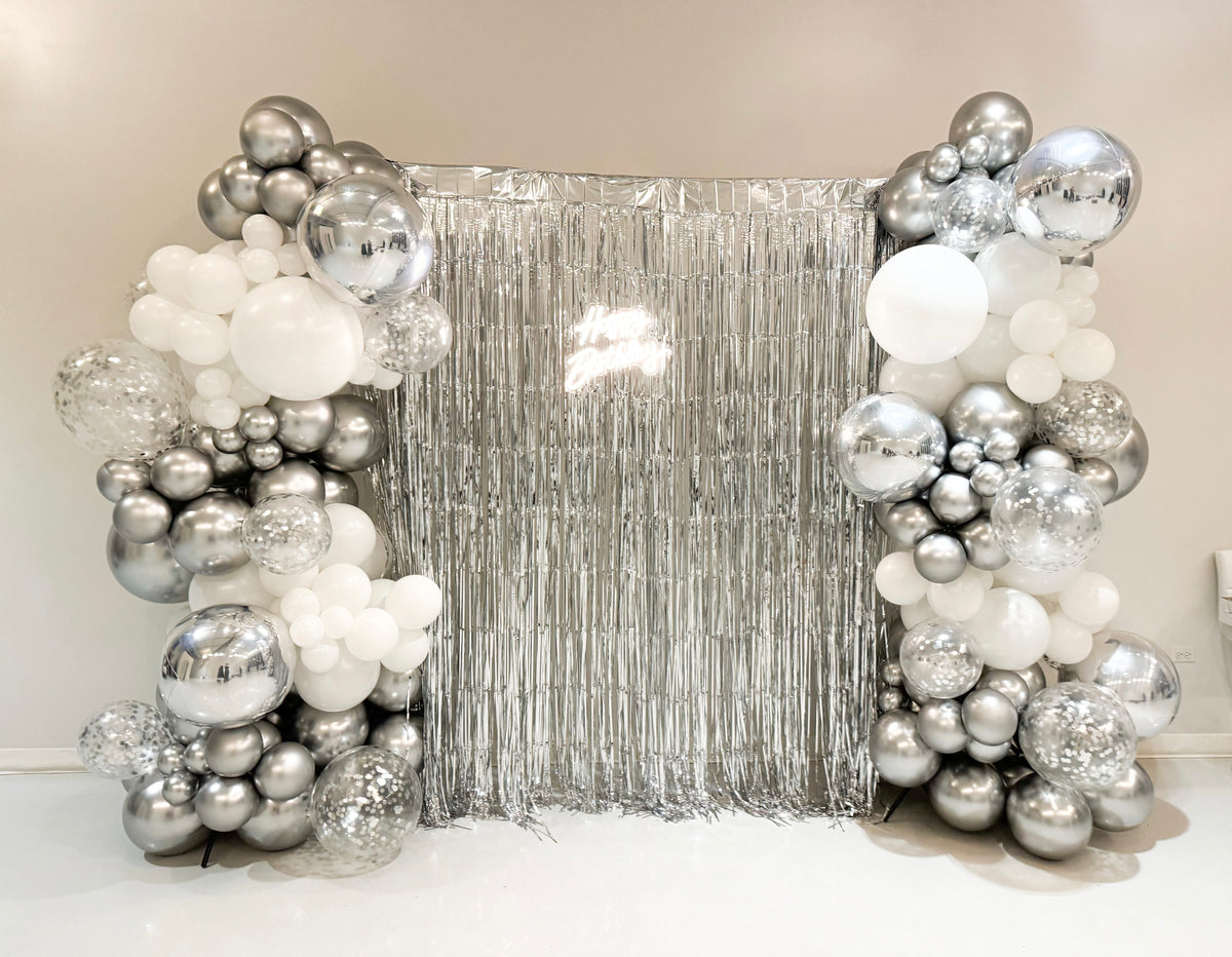 Silver Birthday Fringe Backdrop Balloon Wall