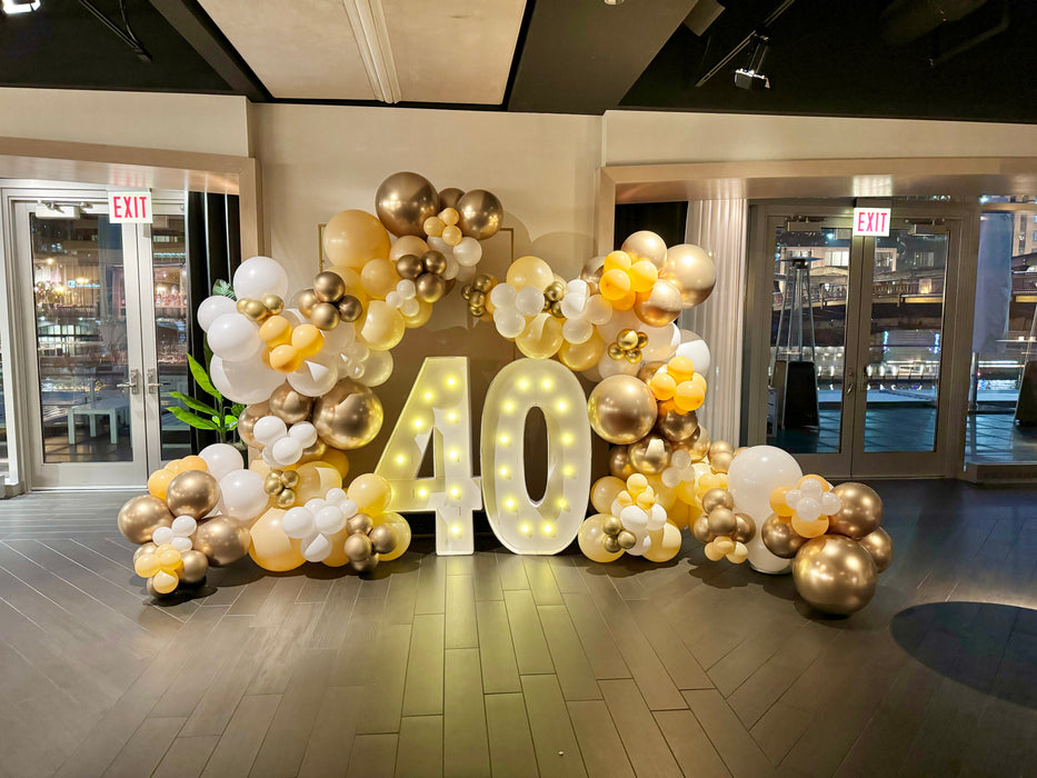 40th Birthday Organic Balloon Garland with Light up Marquee Numbers