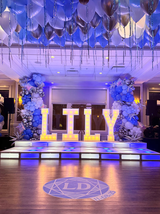 Bat Mitzvah Stage Columns, Helium Ceiling & Lighted Letters