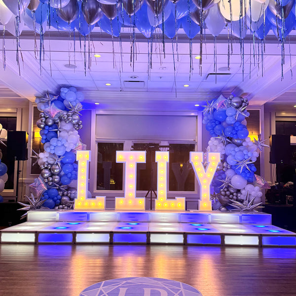 Bat Mitzvah Stage Columns, Helium Ceiling & Lighted Letters