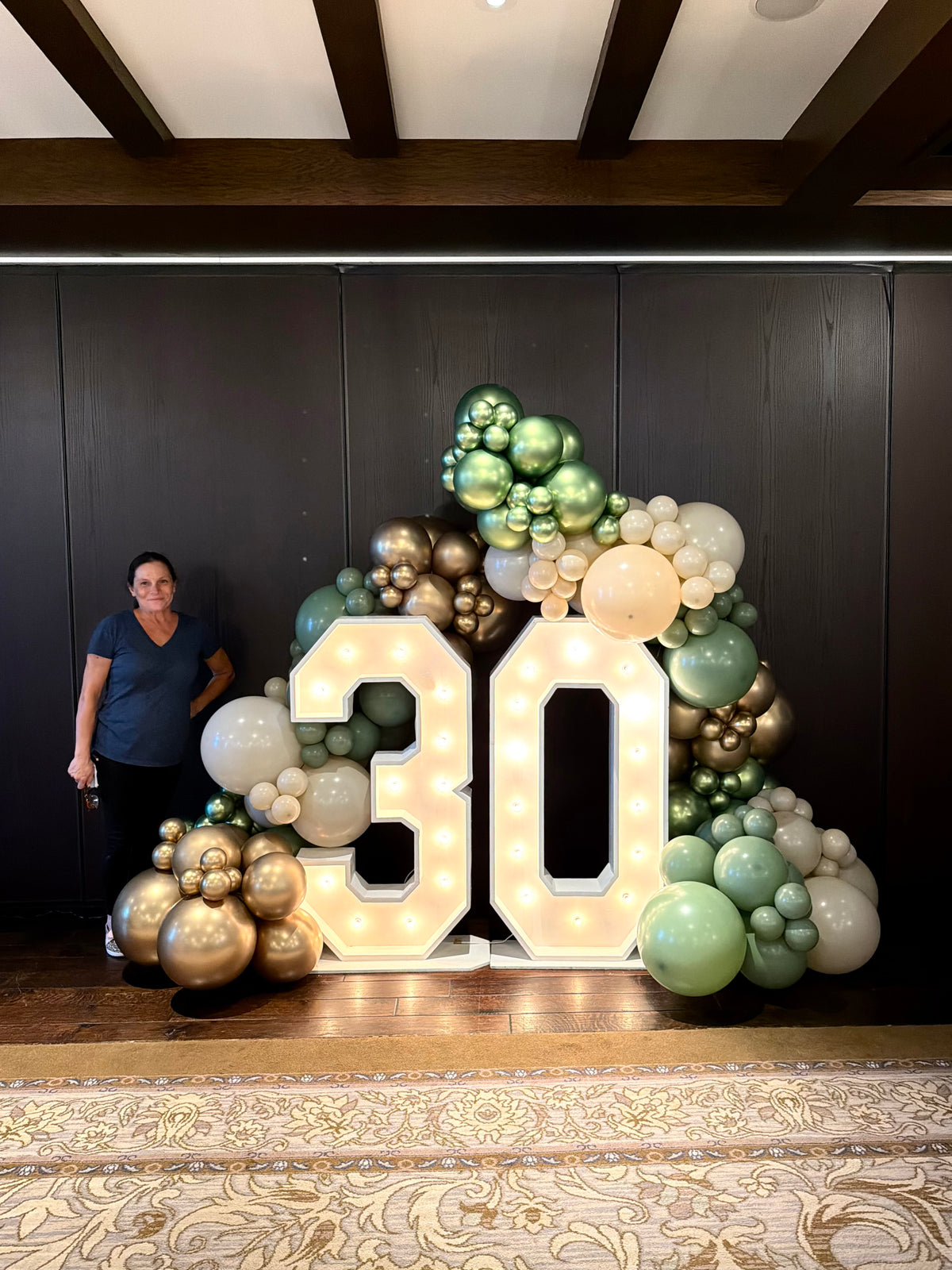 $495 30th Birthday Organic Balloon Garland with Light up Marquee Numbers