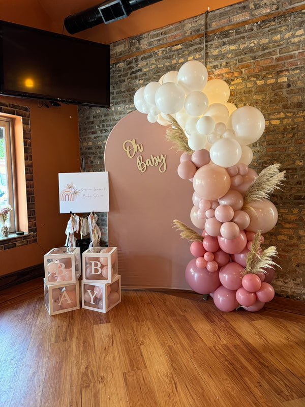 Oh Baby Baby Shower Balloon Arch and Backdrop with Pompass Grass