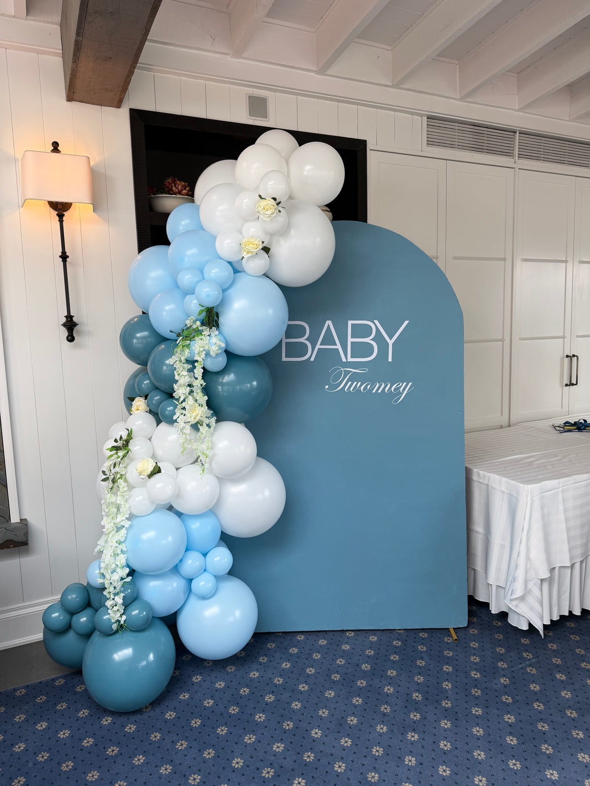 $495 Baby In Bloom Baby Shower Balloon Arch and Backdrop with Florals- Indoor