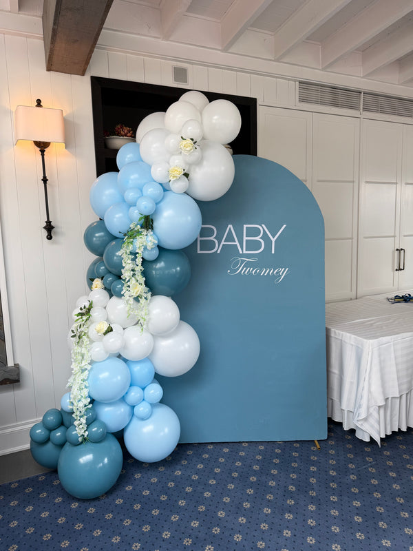 $495 Baby In Bloom Baby Shower Balloon Arch and Backdrop with Florals- Indoor
