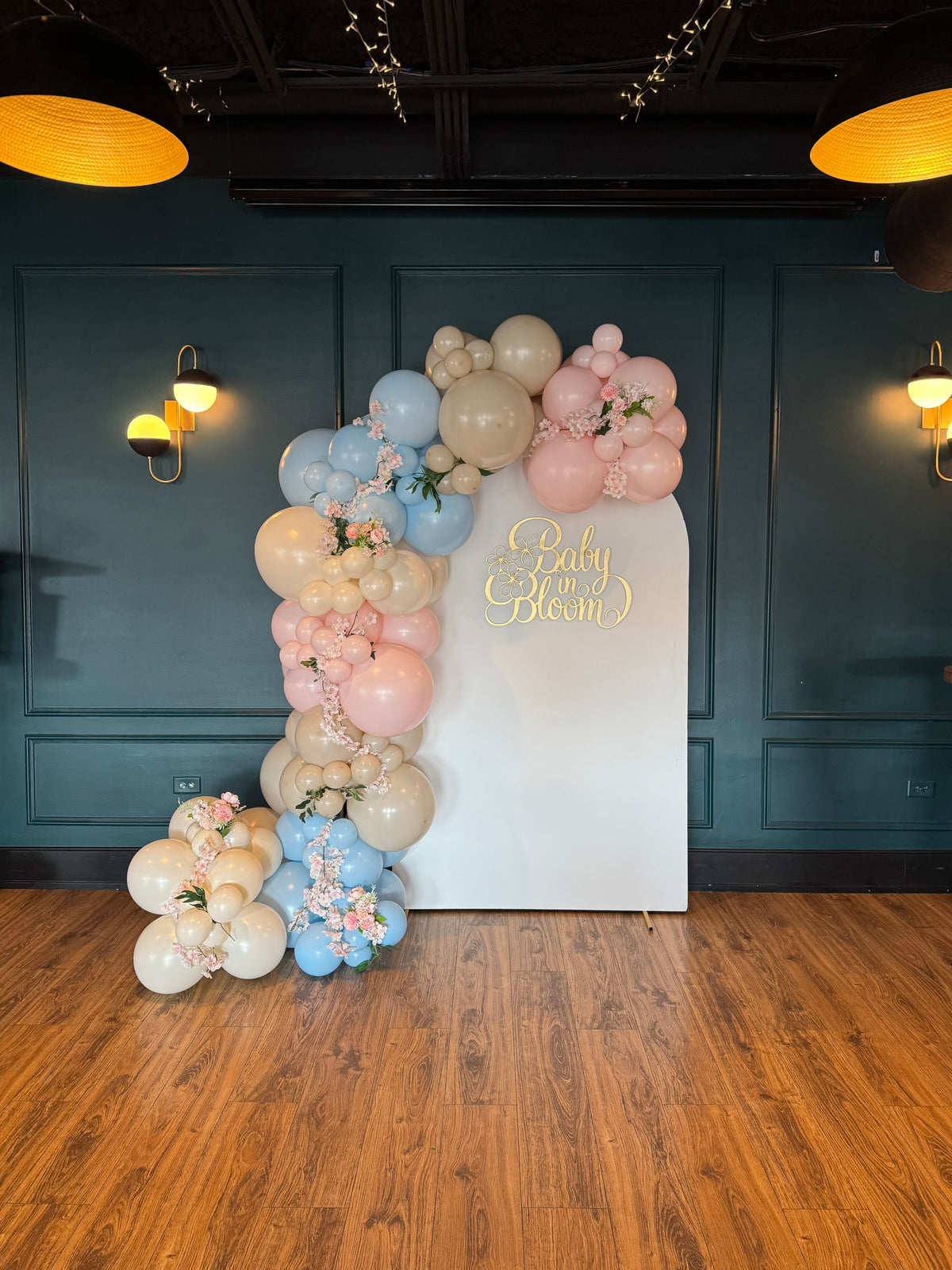 Baby In Bloom Baby Shower Balloon Arch and Backdrop with Florals