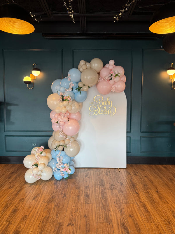 Baby In Bloom Baby Shower Balloon Arch and Backdrop with Florals