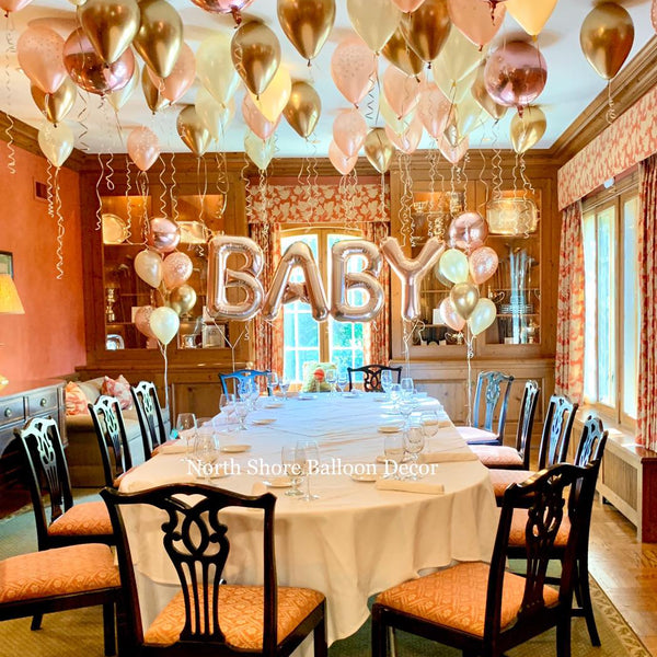Baby Girl Baby Shower Floating Helium, "BABY" Sign & Helium Bouquets