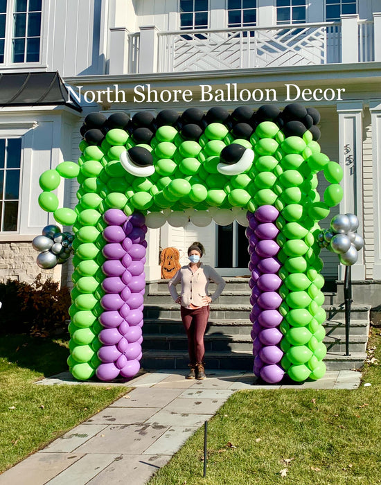Enormous Frankenstein Sculpture Balloon Arch with Mouth Walkway