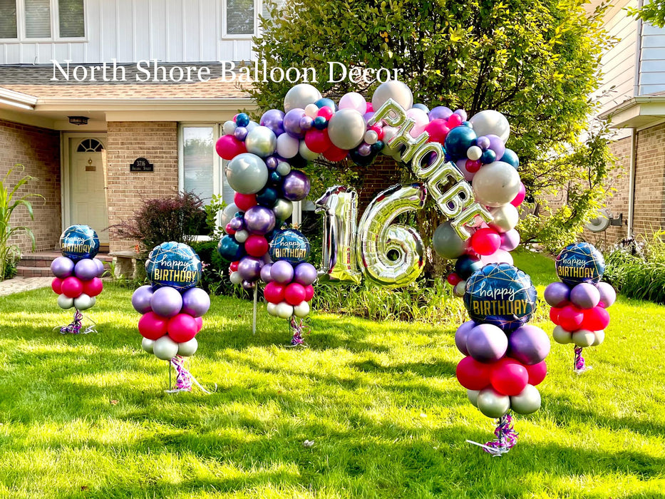 Sweet 16 Yard Display with Organic Balloon Arch & Foil Name