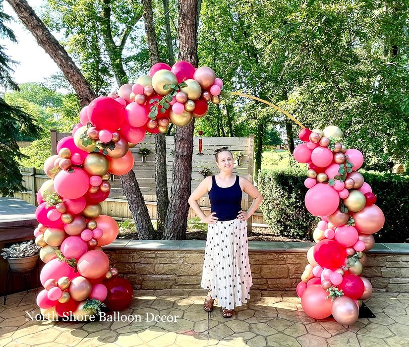 Rosy Organic Balloon Arch with Gold Frame & Fresh Flower Arrangements