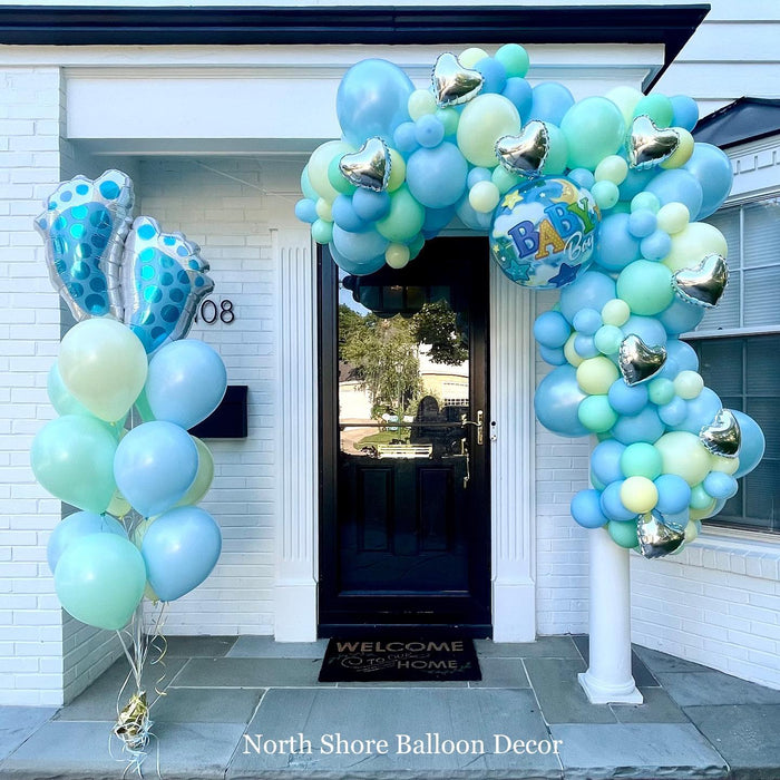 Sky Blue Baby Shower Helium Bouquet with Foot Prints & Porch Garland