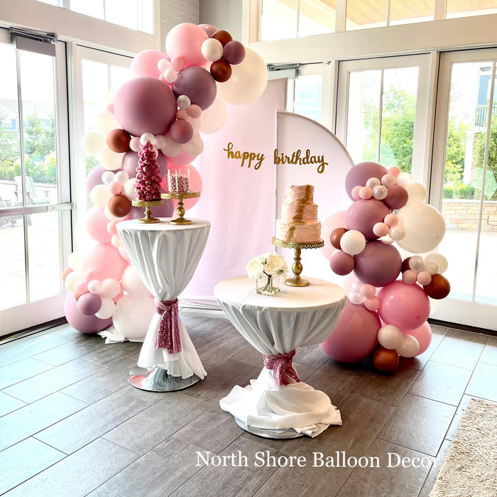 Pretty-In-Pink Happy Birthday Display with Fabric Backdrop, Sign & Organic Balloon Crescent Arches