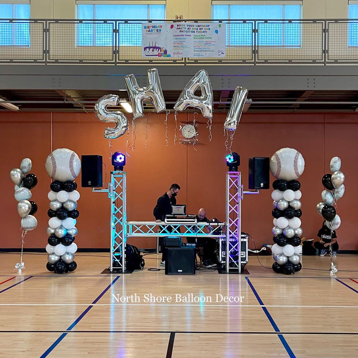 Sports Gymnasium Bar Mitzvah Columns, Helium Bouquets & Floating Name Arch