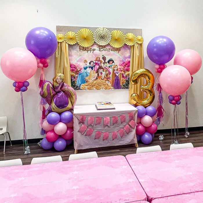 Disney Princess 3rd Birthday Table Decor, Mini Columns, Helium Tassels, Backdrop & Banner
