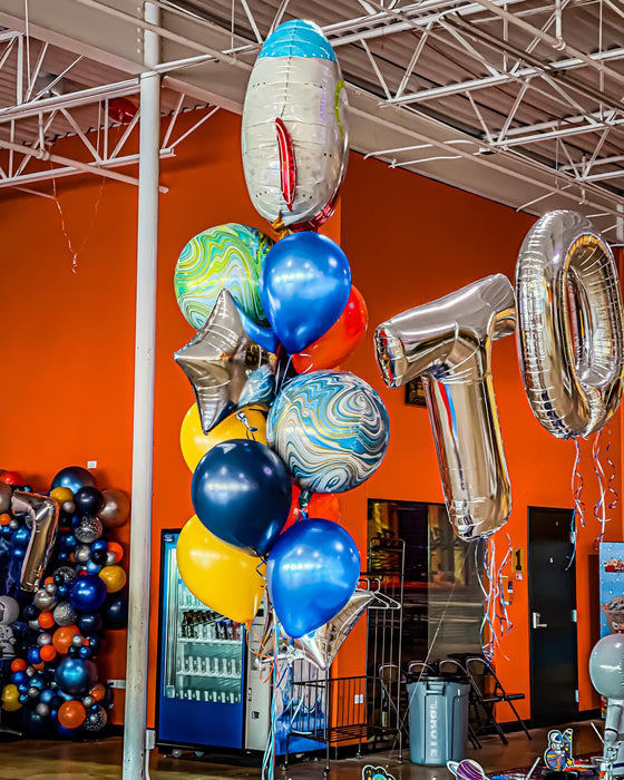 Astronaut 7th Birthday Party Table Decor, Balloon Garland, Floating Name Balloon Arch, Helium Bouquets