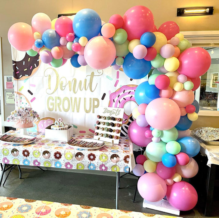 "Donut Grow Up" First Birthday Dessert Table Organic Half Balloon Arch