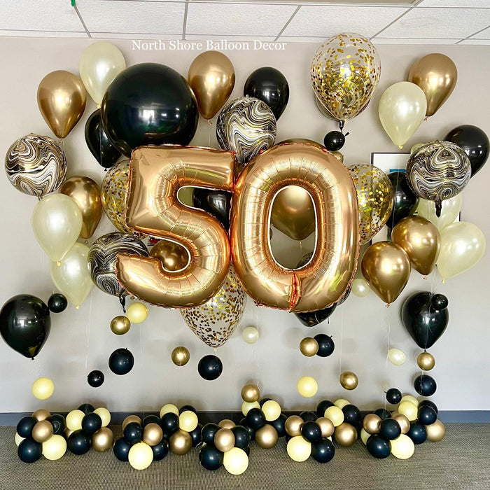 Golden 50th Birthday Helium Balloon Wall with Numbers