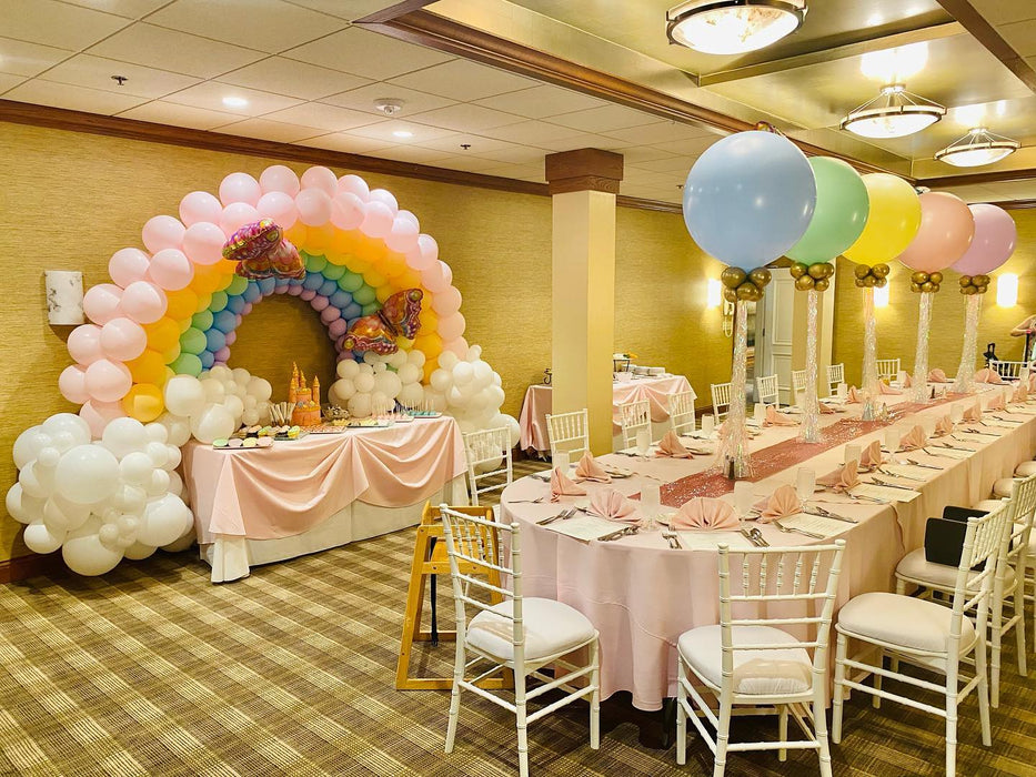 Rainbow Butterfly Tassel Centerpieces, Cake Table Balloon Arch Display & Cloud Fringe Backdrop