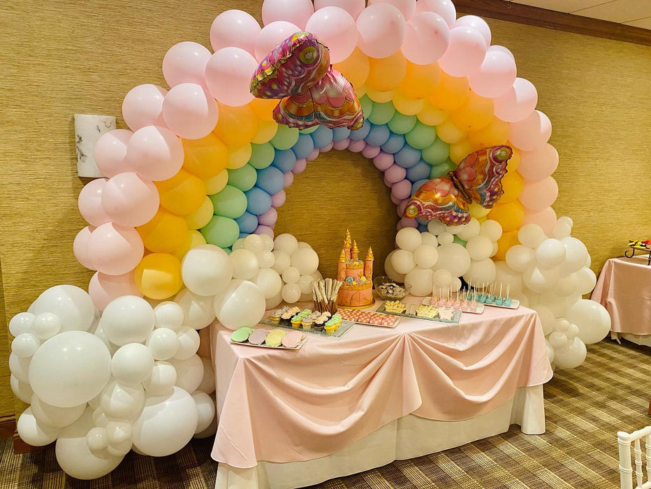 Rainbow Butterfly Tassel Centerpieces, Cake Table Balloon Arch Display & Cloud Fringe Backdrop