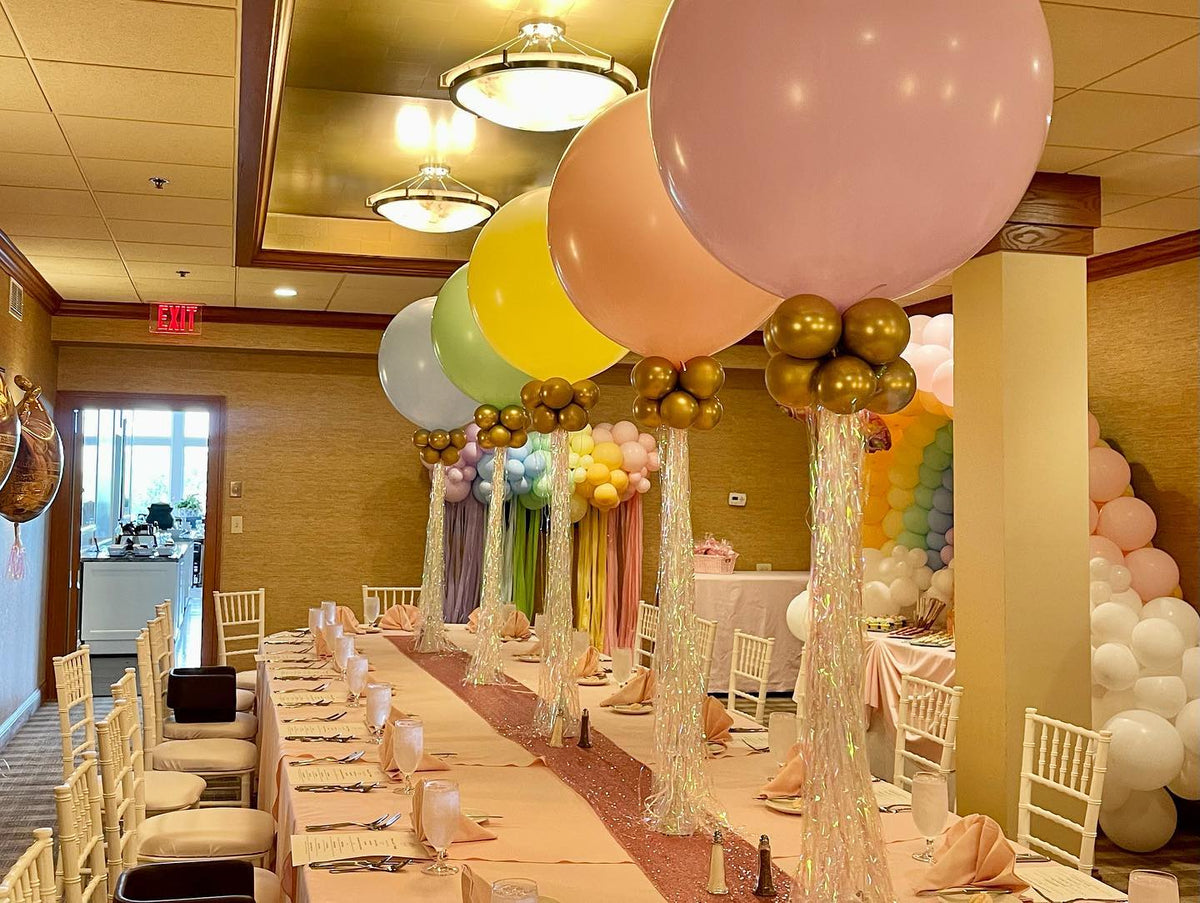 Rainbow Butterfly Tassel Centerpieces, Cake Table Balloon Arch Display & Cloud Fringe Backdrop